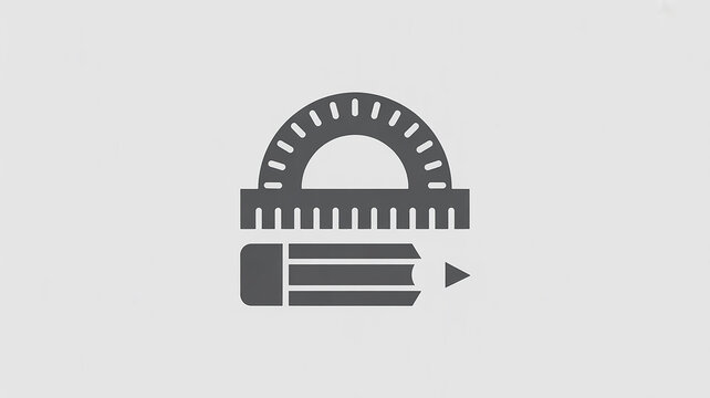A minimalist icon design of a protractor and pencil in dark gray against a white background