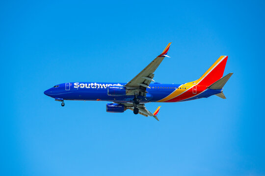 Southwest Airlines Boeing 737-800 N8605E landing on Boston Logan International Airport, Boston, Massachusetts MA, USA. 