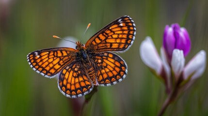 Obraz premium Intricately patterned orange butterfly with delicate wings resting on a plant stem in a natural setting