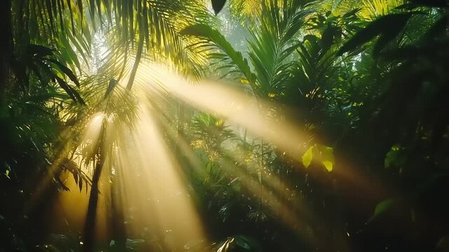 Sunlight beams through lush green jungle foliage creating a mystical atmosphere.
