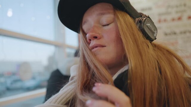White redhead commuter tense at station window, hat and headphones, pulling scarf close while scanning crowd for prowler or snatcher, cold breath, closeup expression showing caution and guarded