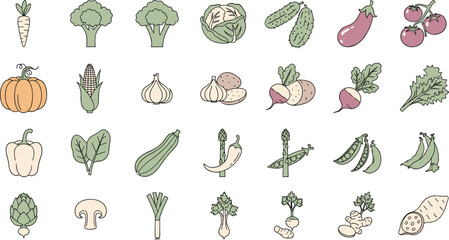 Fototapeta premium Assortment of fresh vegetables and fruits flat vector icons on white background for healthy food.