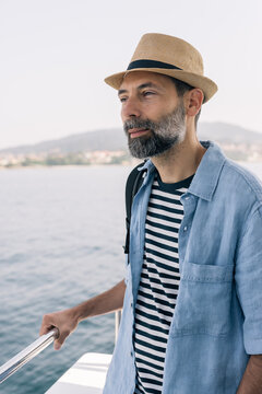 Portrait of a mature Traveler with gray beard on Coastal Ferry