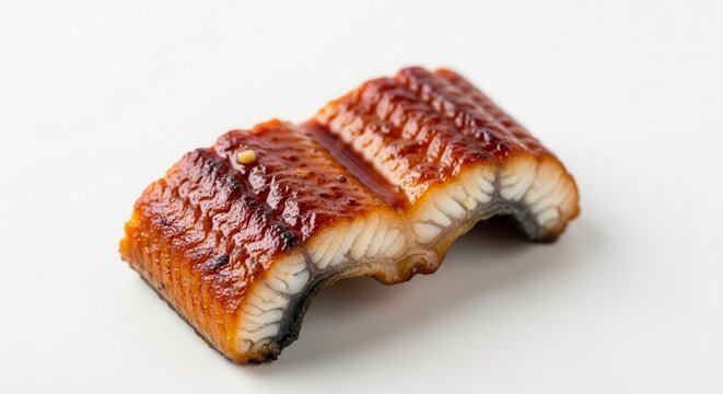 Close-up of a meticulously prepared Japanese grilled freshwater eel with rich umami glaze on white