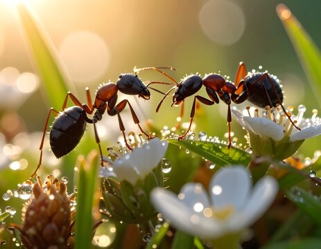Macro shot showcasing two ants with glistening bodies, antennae nearly touching, atop tiny white flowers, dewdrops abound, bathed in golden sunlight