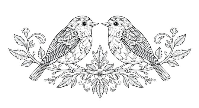 Two detailed songbirds perched on a floral branch with leaves and blossoms