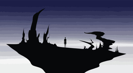 A solitary figure stands amidst a stark silhouetted landscape of jagged peaks high quality professional detailed © Times Graphic