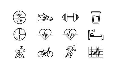 Fototapeta premium Thin line EcoTrack fitness app icon set with workout tracking and health monitoring symbols for mobile UI design