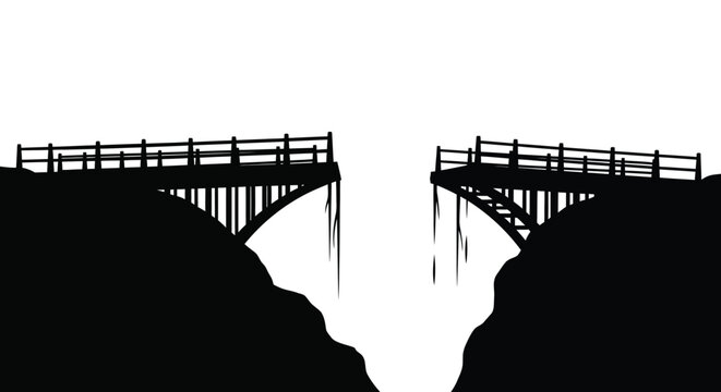 A stark black silhouette depicts a broken bridge with a large gap in between high quality