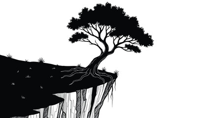 A stark silhouetted tree clings to the edge of a dramatic rocky cliff high quality professional © Times Graphic