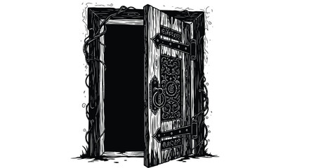 An ornate gothic style wooden door stands open to a dark mysterious void high quality professional © Times Graphic