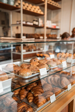 Croissant baked goods in European bakery house.