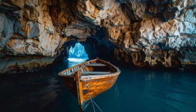 Wooden boat exploring blue grotto sea cave in capri