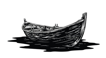 A detailed black and white illustration of a classic wooden rowing boat high quality professional modern © Times Graphic