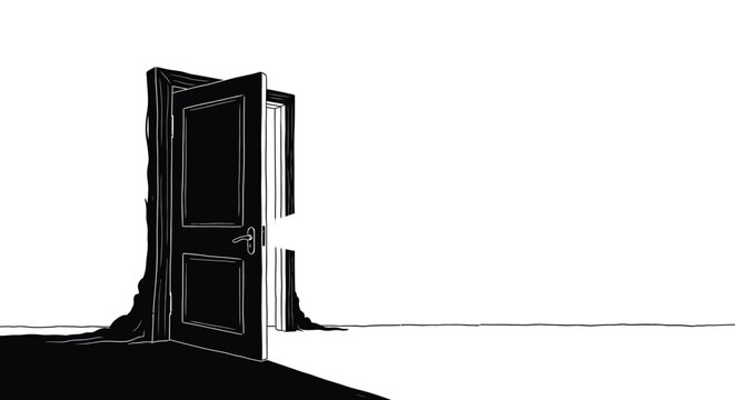 A stark black door stands ajar revealing a bright undefined opening high quality professional detailed modern