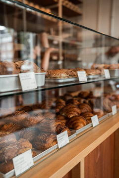 Croissant baked goods in European bakery house.