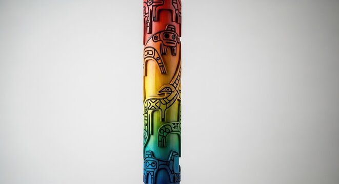 Vibrant carved pillar showcasing ancient animalistic designs in a striking rainbow spectrum