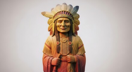 Obraz premium Intricate carved representation of a tribal leader adorned with a magnificent feathered regalia