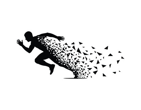 Abstract running man silhouette in sprint motion with polygonal particle effect.