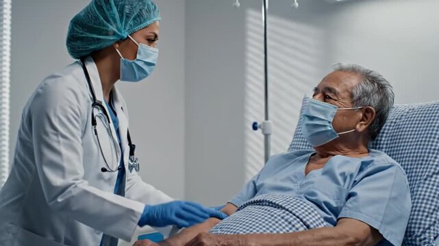 A doctor in blue surgical cap and mask tends to an elderly patient in a hospital room with blue checkered bed sheets and medical equipment
