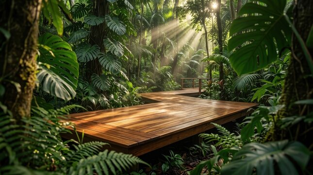 A wooden table and chairs sit on the grass in a lush tropical garden surrounded by exotic palm trees and green plants under a summer sky