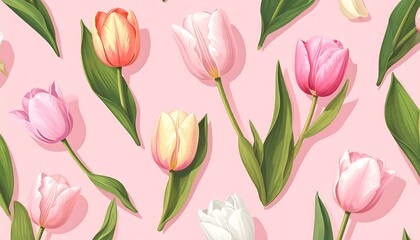 Fototapeta premium A vibrant floral pattern featuring tulips on a pink background