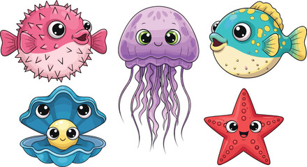 Cute Cartoon Sea Creatures Set Featuring Puffer Fish Jellyfish Clam with Pearl Starfish and Colorful Tropical Fish Vector Illustration © Jahangir