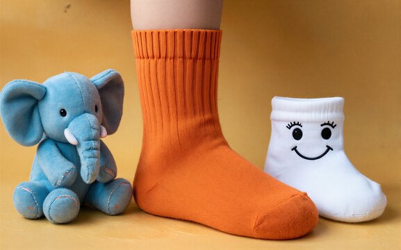 Blue elephant toy beside orange sock and smiling white sock on warm