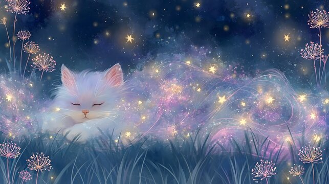 星に包まれて眠る白猫 幻想的な夜のファンタジーイラスト