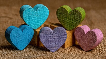 Obraz premium Romantic concept photography, five pastel-colored heart-shaped wooden cutouts scattered on a textured wooden surface, featuring light blue, light green, teal, purple, and pink hues.