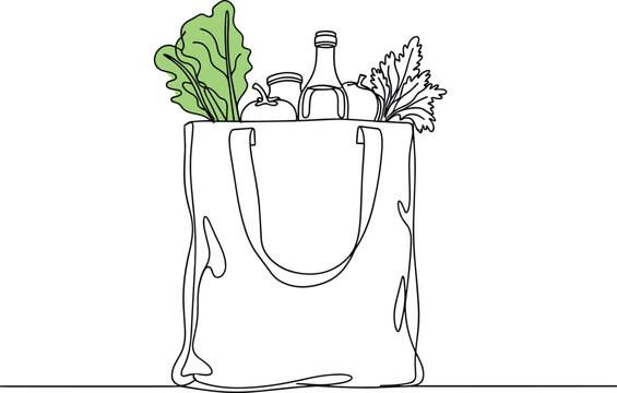 Reusable grocery bag filled with fresh produce and bottle of oil simple line drawing on transparent background.