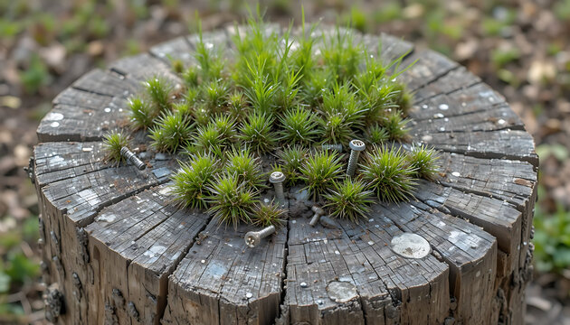 A weathered tree stump with green grass growing on top and scattered metal screws on its surface outdoors in nature