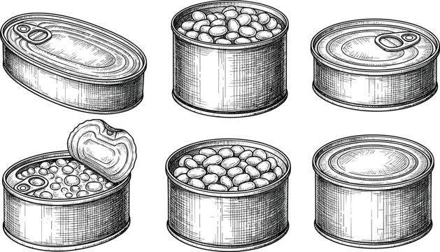 Assortment of vintage canned goods including beans sardines and corn in line drawing style.