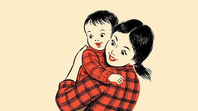 Vintage illustration of Asian woman carrying baby boy in red plaid sweater on back black hair ponytail big smiles white background flat colors