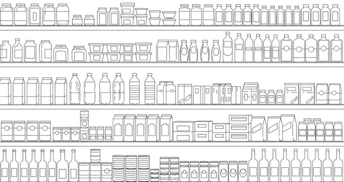 Set of grocery store shelves filled with various jars bottles and containers of food products.