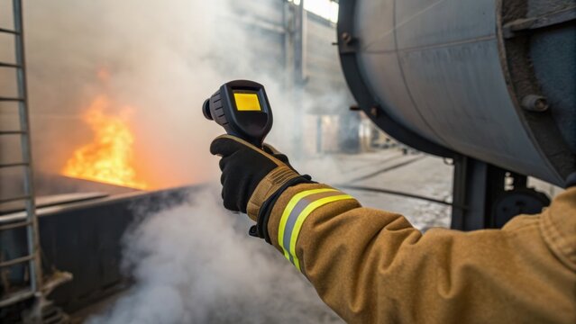 Firefighter in protective gear uses thermal imaging camera to detect heat in a smoky, fiery industrial setting.