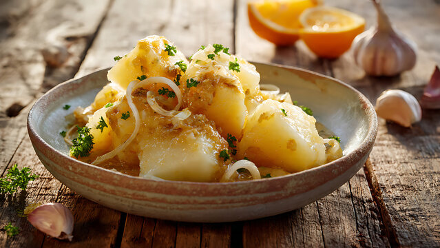 Realistic Food Photography of Cuban Yuca con Mojo - Cassava with Garlic and Citrus Sauce