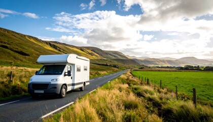 Obraz premium Motorhome driving on rural road in ireland