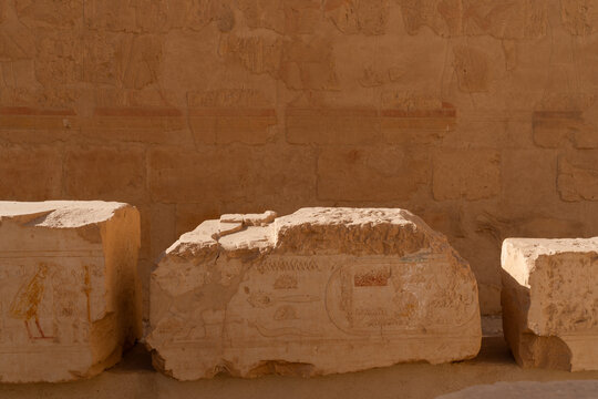 Ancient Carvings on Stone Blocks Hatshepsut Temple, Luxor, Egypt