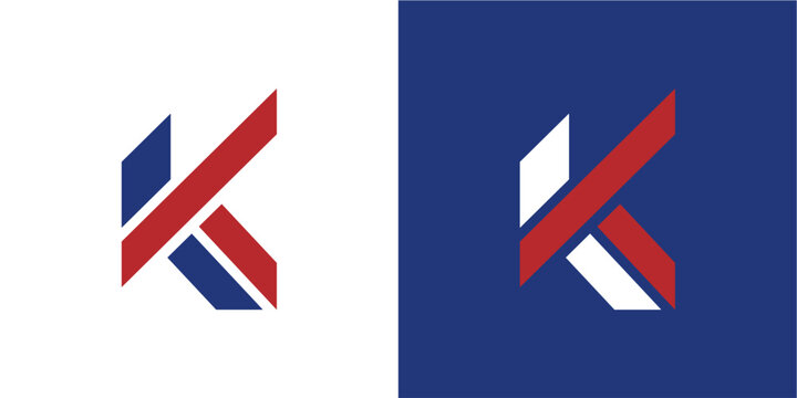 Two stylized letter k logos, one on a white background and one on a blue background, featuring red, white, and blue colors, symbolizing corporate branding or identity.