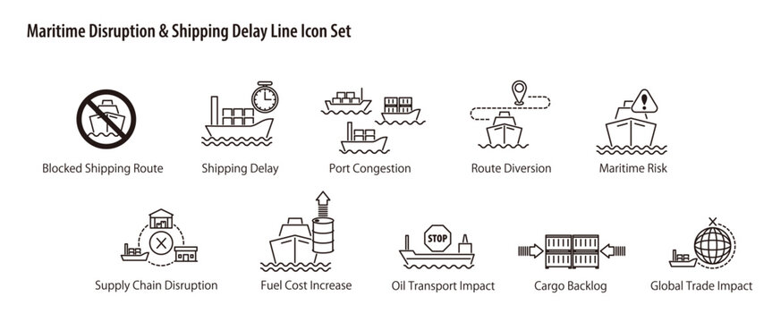 Maritime Disruption & Shipping Delay Line Icon Set./ 海上輸送の混乱・遅延アイコンセット（航路封鎖・リスク・コスト増・サプライチェーン影響）
