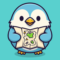 A cartoon penguin holding a map in its flippers on a teal background © VECTOR