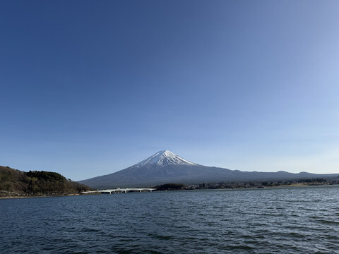 Snow Fuji mountain lake panorama calm water blue sky scenic landscape view