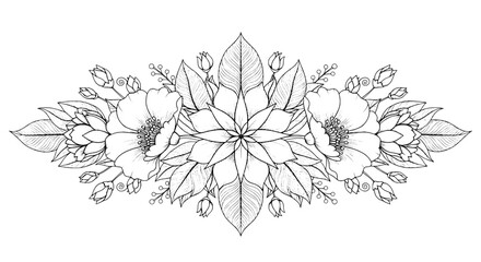 Obraz premium Flower decorative arrangement with leaves and buds in a line art style featuring flowers, floral, illustration with drawing and black and white
