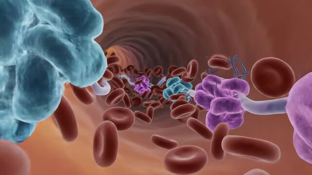 High-CO₂ bloodstream glows with slightly warmer, more acidic gradients, while low-CO₂ blood maintains cooler, balanced tones. Proteins respond with subtle color shifts showing buffering mechanisms