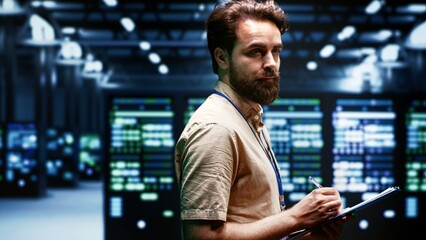 Manager overseeing cryptocurrency mining infrastructure solving complex computational problems....