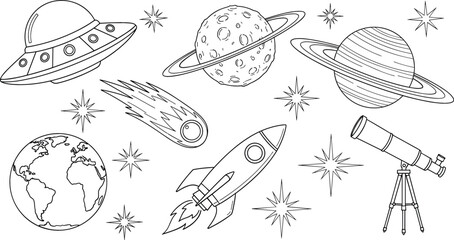 Space Coloring Page Vector Set Featuring UFO Rocket Planets Earth Comet Stars and Telescope Outline Illustration for Kids © Jahangir