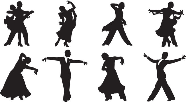 Black Solid Latin Ballroom Silhouettes Set of Six on White Backg
