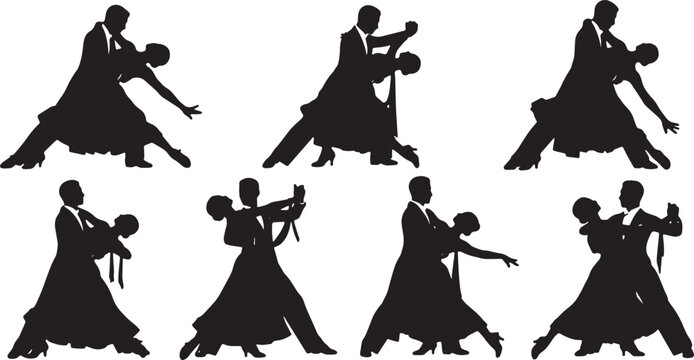 Black Solid Ballroom Dance Couple Silhouettes Set of Six on Whit