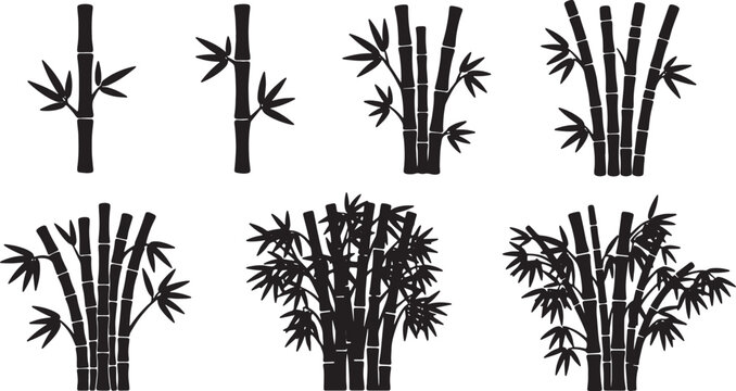 Set of Six Black Solid Bamboo Stalk and Grove Silhouettes